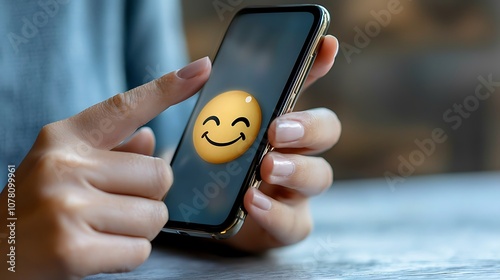 Women often use their smartphones to give ratings on products and services by pressing the face smile emoticon icon on virtual platforms, indicating their satisfaction or approval with a simple tap. photo