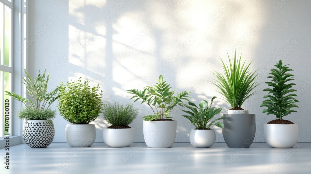 Fototapeta premium A row of potted plants with different types of greenery in white and grey pots on a white floor with a window and sunlight shining in from the left side.