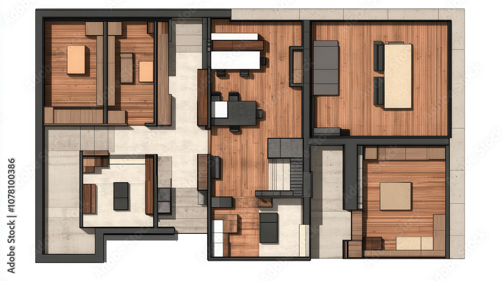 Modern top view layout of stylish apartment featuring open spaces, wooden floors, and contemporary furniture. Ideal for showcasing interior design concepts Modern top view layout of stylish apartment featuring open spaces, wooden floors, and contemporary furniture. Ideal for showcasing interior design concepts