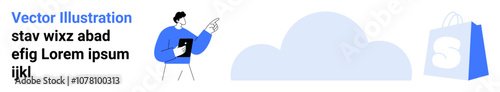 A person in blue attire pointing towards a cloud and a blue shopping bag with an S symbol. Ideal for digital marketing, cloud services, ecommerce, technology solutions, online shopping. Landing page
