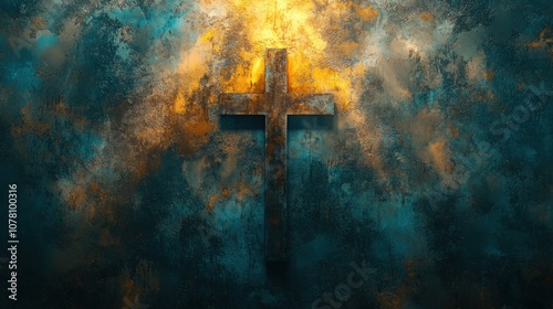 A rusty metal cross against a blue and yellow grunge background.