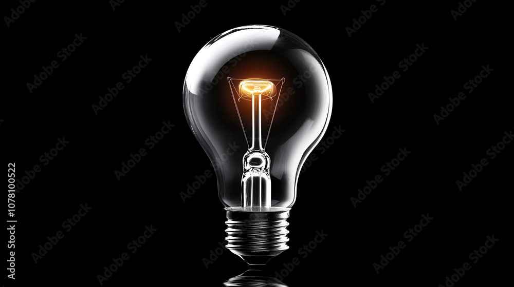 glowing light bulb with clear glass design, showcasing its filament against black background, symbolizes innovation and creativity glowing light bulb with clear glass design, showcasing its filament against black background, symbolizes innovation and creativity