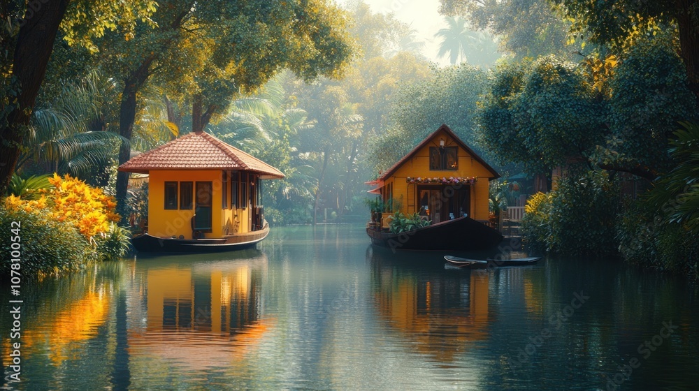 Two small yellow houses on a lake surrounded by trees. The houses are reflecting in the water. There are some small boats in the water in front of the houses. Two small yellow houses on a lake surrounded by trees. The houses are reflecting in the water. There are some small boats in the water in front of the houses.