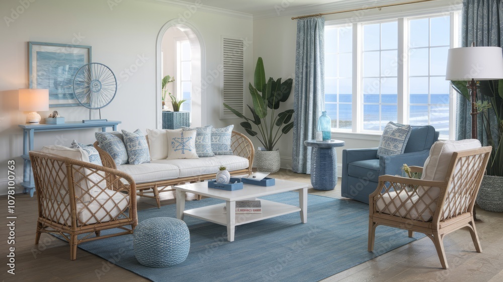 Coastal-Themed Living Room with Ocean Views and Blue Striped Decor Coastal-Themed Living Room with Ocean Views and Blue Striped Decor