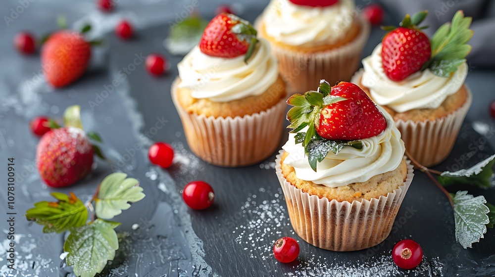 On a slate tray with leaves on it three muffins each with a strawberry on top and a layer of white buttercream On a slate tray with leaves on it three muffins each with a strawberry on top and a layer of white buttercream