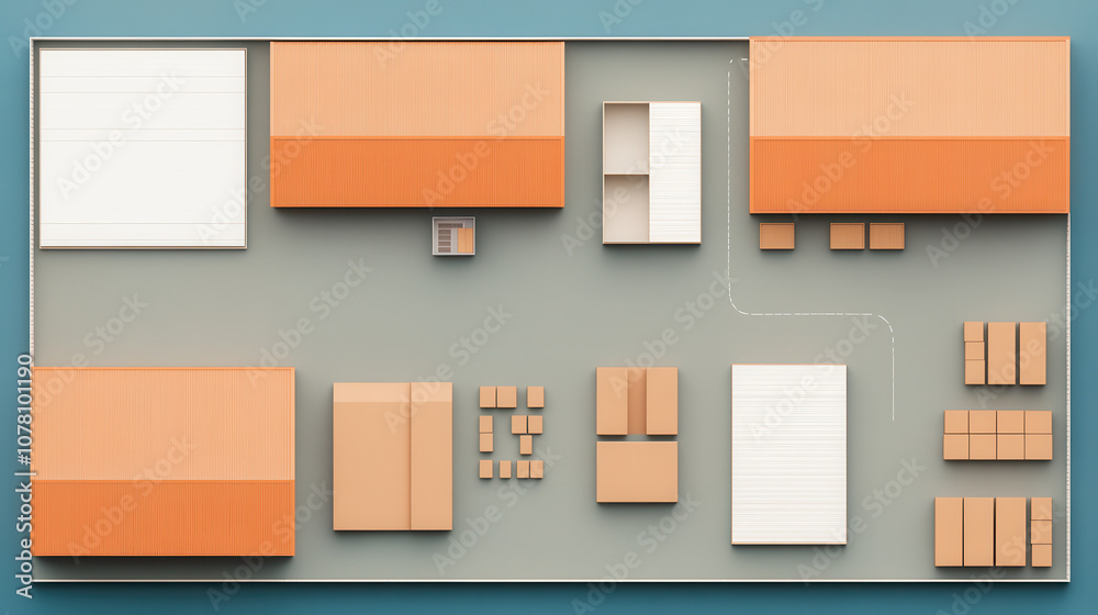 top view map of warehouse layout featuring orange roofed buildings, storage boxes, and pathways. This design illustrates organized space for efficient logistics and storage top view map of warehouse layout featuring orange roofed buildings, storage boxes, and pathways. This design illustrates organized space for efficient logistics and storage