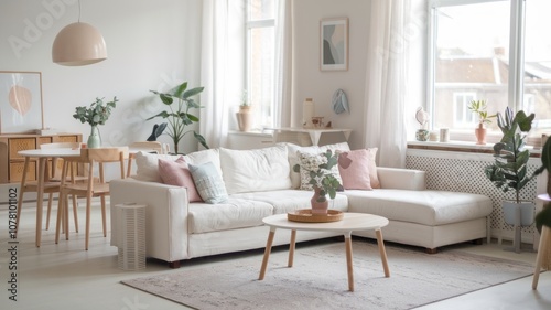 Cozy Scandinavian-Inspired Living Room with Soft Pastel Accents and Natural Light
