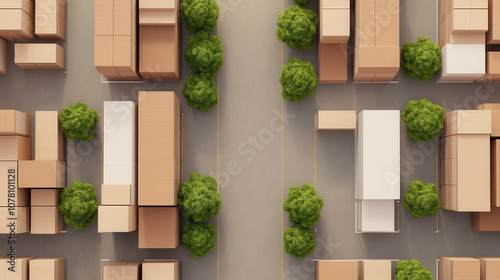 Aerial view of warehouse layout featuring storage containers and trees. organized arrangement highlights pathways and green spaces, creating functional and efficient environment