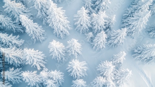 Top view of snow-covered trees forming patterns like a white maze.