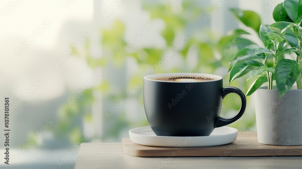 Elegant Ceramic Coffee Cup Mockup with Greenery on Wooden Tabletop Elegant Ceramic Coffee Cup Mockup with Greenery on Wooden Tabletop