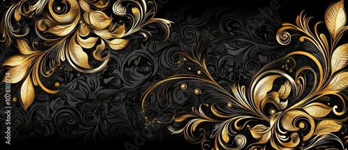 A gold and black floral design with a gold leaf