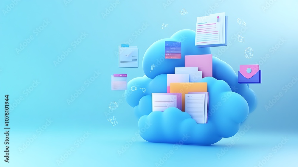 A stylized cloud graphic representing digital storage with various documents and icons. A stylized cloud graphic representing digital storage with various documents and icons.