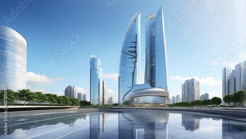 Dynamic view of a cutting-edge skyscraper with a sleek glass facade, showcasing reflections of the bustling cityscape around it, highlighting its innovative design and urban integration.-