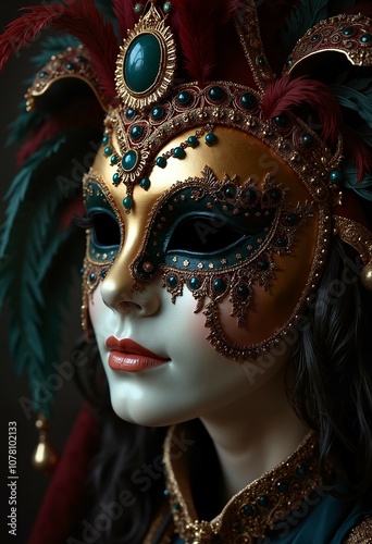 Ornate Venetian Mask with Gold Details and Feathers