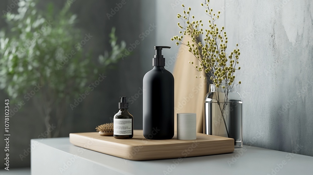 Minimalist Showcase Mockup with Wooden Tray and Black Bottles Minimalist Showcase Mockup with Wooden Tray and Black Bottles