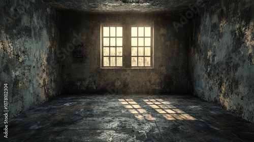 A sunlit window illuminates a derelict room with peeling paint and dusty floors.