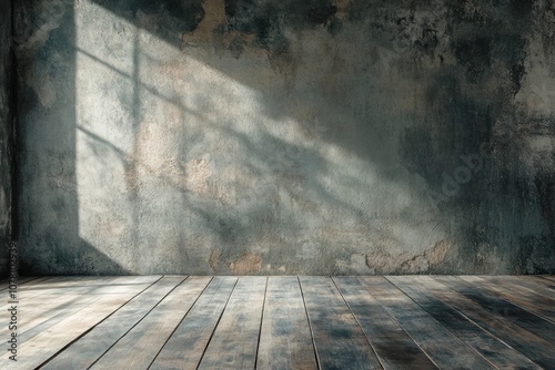 Rustic wooden floor with textured wall and sunbeams.
