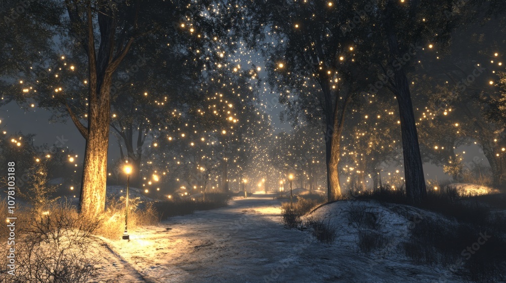 A Snowy Forest Path Illuminated by String Lights and Lanterns A Snowy Forest Path Illuminated by String Lights and Lanterns
