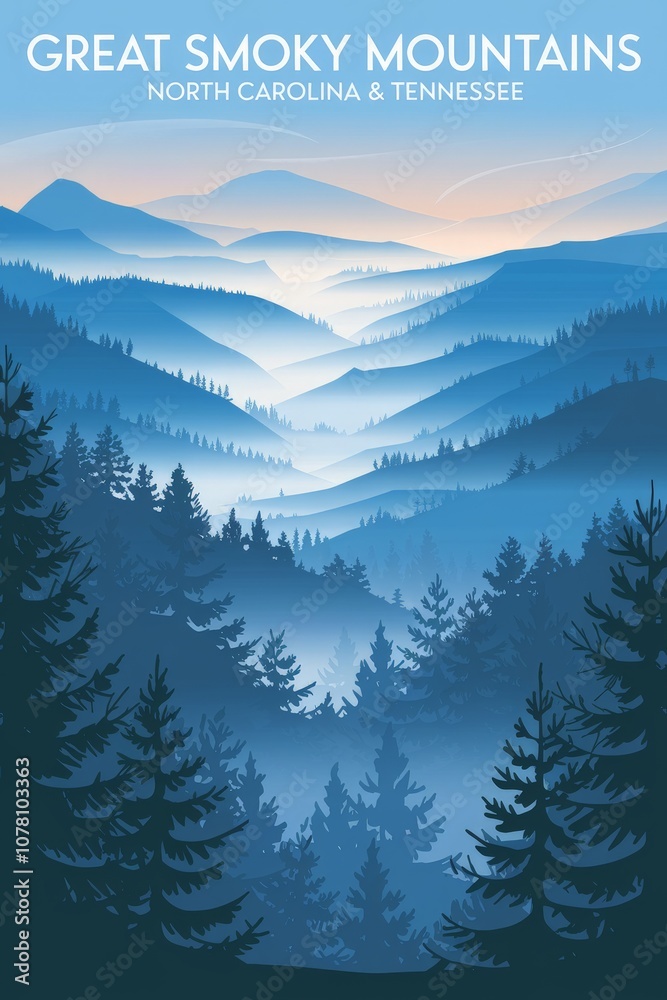 Fototapeta premium Vintage Travel Poster of the Great Smoky Mountains: Serene Blue Tones Illustrate the Majestic Landscape of North Carolina & Tennessee