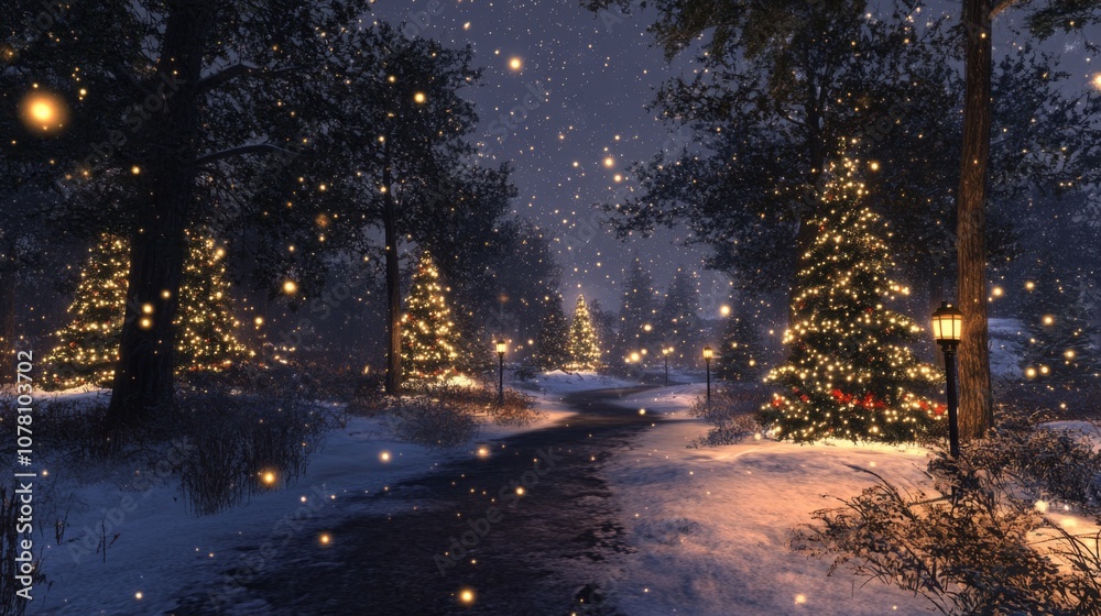 Snowy Forest Path with Lit Christmas Trees and Streetlights