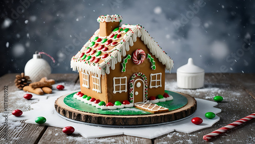 A gingerbread house with candy decorations on a wooden table with snow falling. photo