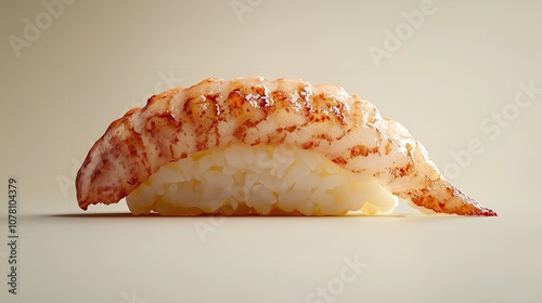 Hokkigai Nigiri, surf clam sushi on rice, classic Nigiri on ceramic plate, close up photo with beige background photo