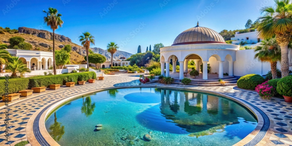Obraz premium Beautiful complex of Kallithea Springs in Rhodes, Greece , Kallithea, Springs, Rhodes, Greece, Mediterranean, Architecture