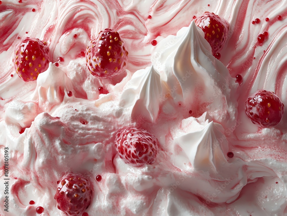 Close-up of whipped cream with a swirl of red food coloring and raspberries. Close-up of whipped cream with a swirl of red food coloring and raspberries.