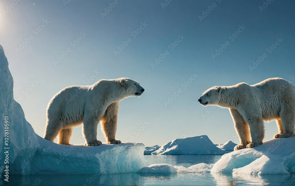 Two polar bears stand on separate ice floes in the Arctic, facing each other Two polar bears stand on separate ice floes in the Arctic, facing each other