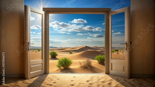 Desert landscape seen through an open door  adventure  exploration  discovery  mystery  journey  entrance  portal  vast  arid