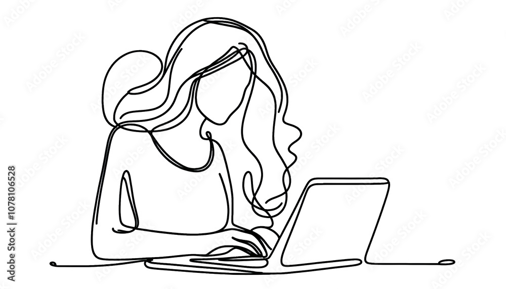 Simple one line drawing of woman home working with laptop. Transparent background png file Simple one line drawing of woman home working with laptop. Transparent background png file