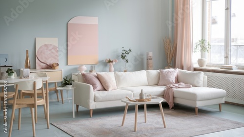 Cozy Scandinavian-Inspired Living Room with Soft Pastel Accents and Natural Light