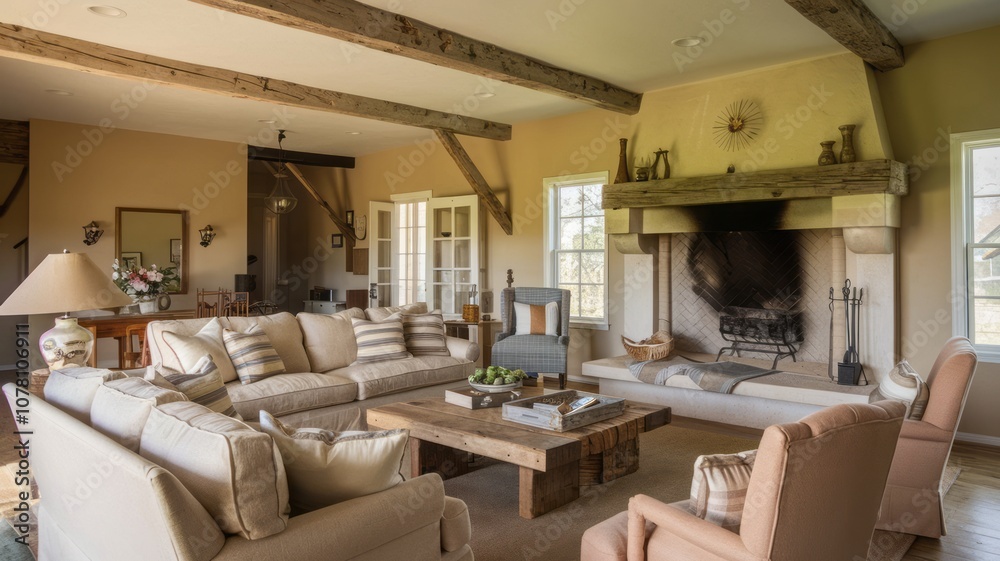 Rustic Farmhouse Living Room with Exposed Beams and Cozy Fireplace Rustic Farmhouse Living Room with Exposed Beams and Cozy Fireplace