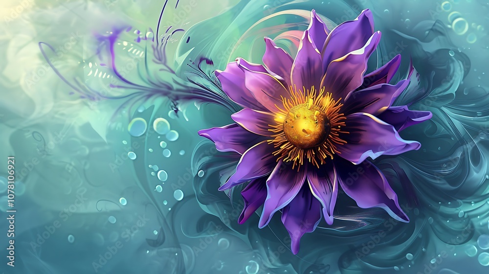 Obraz premium On an aqua backdrop a purple blossom and a sun flower