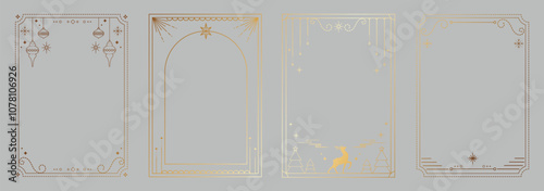 Christmas Frame Luxury Happy Holidays invitation card design vector. Minimal Happy New Year , Christmas tree, bauble on gray background. Design for Season's Greeting, Christmas, cover.