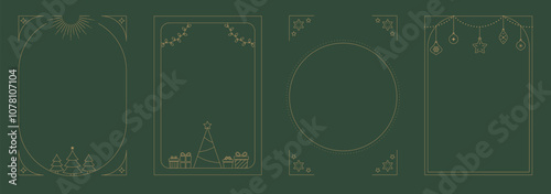 Christmas Frame Luxury Happy Holidays invitation card design vector. Minimal Happy New Year , Christmas tree, bauble on emerald green background. Design for Season's Greeting, Christmas, cover.