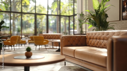 Warm-toned modern lounge featuring a stylish brown couch, elegant coffee table, and vibrant greenery, creating a cozy atmosphere.