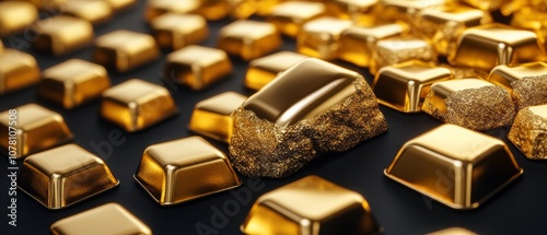 A close up of gold coins and a gold rock