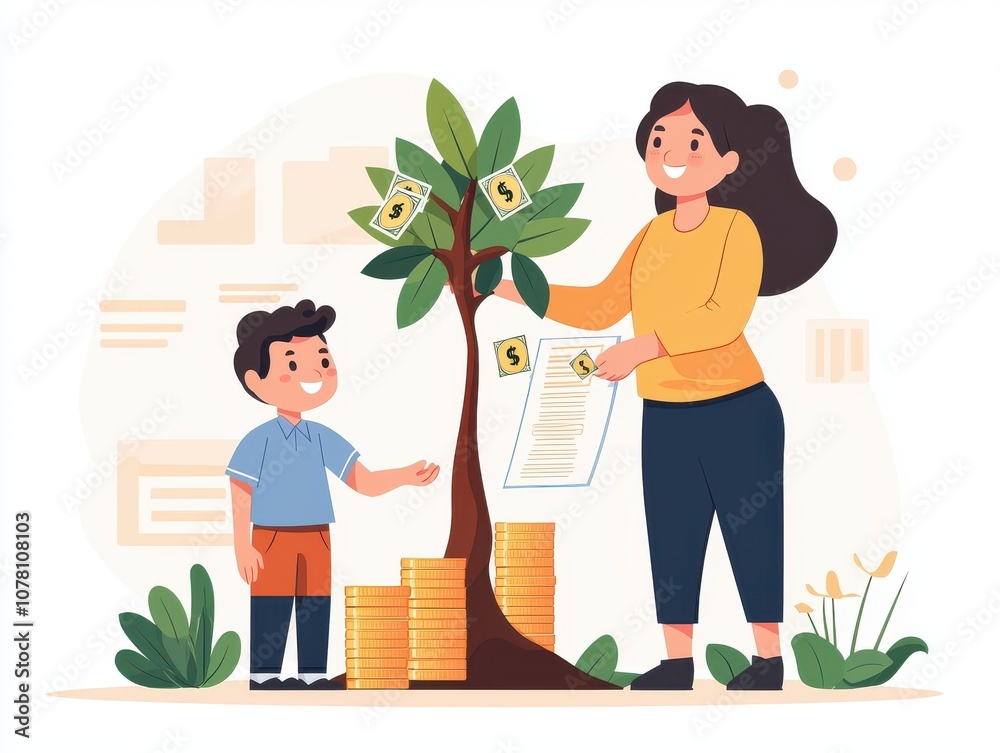 financial freedom independence concept. A mother teaches her child about money management, showcasing a tree with currency notes and stacks of coins, illustrating financial growth and education. financial freedom independence concept. A mother teaches her child about money management, showcasing a tree with currency notes and stacks of coins, illustrating financial growth and education.