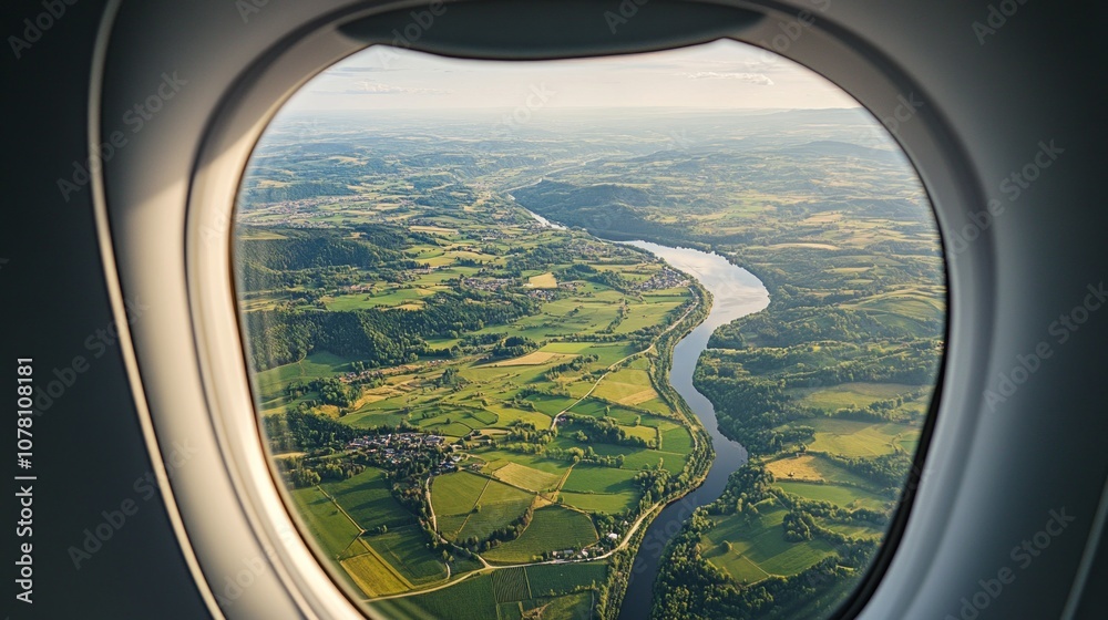 Fototapeta premium Scenic view of green fields and winding rivers from an airplane window.