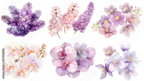 set of lilac flowers isolated on a white background