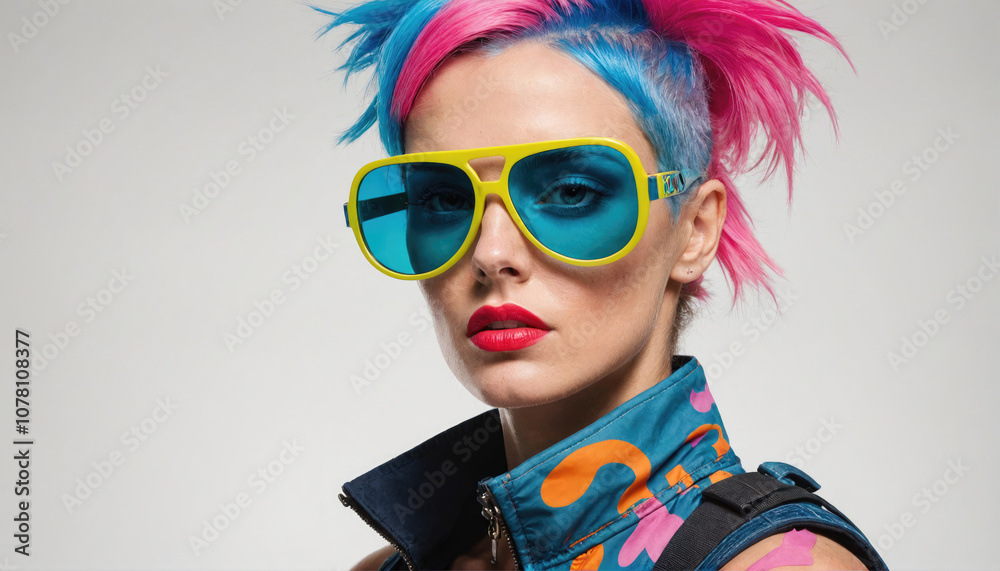 A woman with blue and pink hair wears bright yellow sunglasses and stares intensely into the camera A woman with blue and pink hair wears bright yellow sunglasses and stares intensely into the camera
