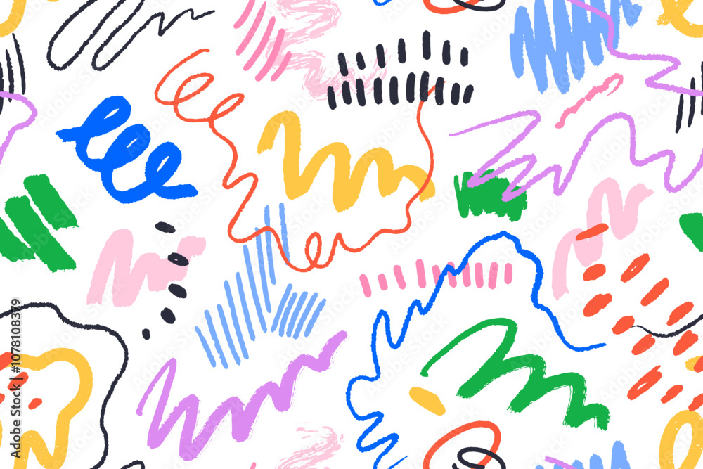 © Good Studio - Seamless abstract pattern, scribbles, doodle lines, colorful design. Squiggles and brushstrokes, endless background. Freehand drawing, texture for textile and wrapping. Drawn vector illustration © Good Studio - Seamless abstract pattern, scribbles, doodle lines, colorful design. Squiggles and brushstrokes, endless background. Freehand drawing, texture for textile and wrapping. Drawn vector illustration