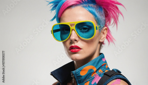 A woman with blue and pink hair wears bright yellow sunglasses and stares intensely into the camera