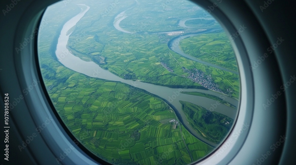 Scenic view of green fields and winding rivers from an airplane window. Scenic view of green fields and winding rivers from an airplane window.