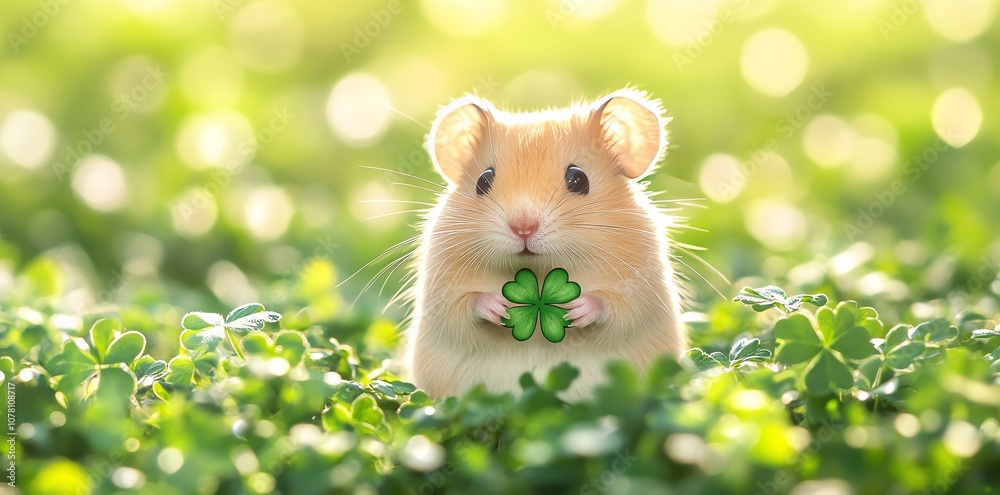 Cute hamster holding a four-leaf clover in a field of green grass. Cute hamster holding a four-leaf clover in a field of green grass.