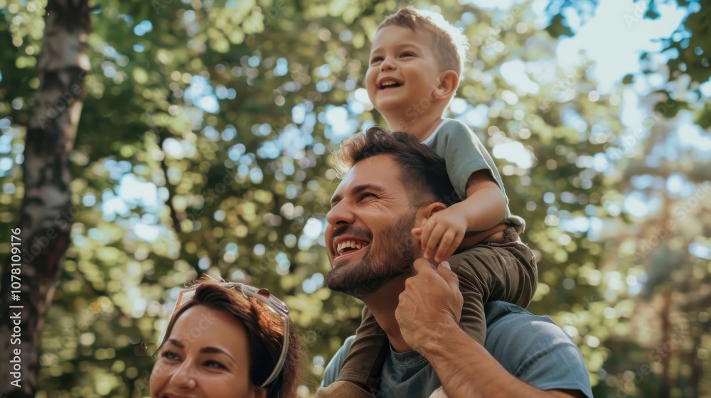 A joyful day outdoors with a man carrying a little boy on his shoulders under the warm sun in a lush green park A joyful day outdoors with a man carrying a little boy on his shoulders under the warm sun in a lush green park
