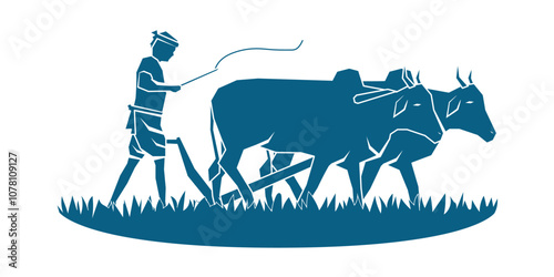 Vector illustration of farmer ploughing with bullocks on transparent background