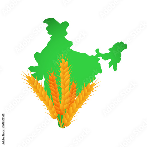 Vector illustration of wheat grains with India map on transparent background