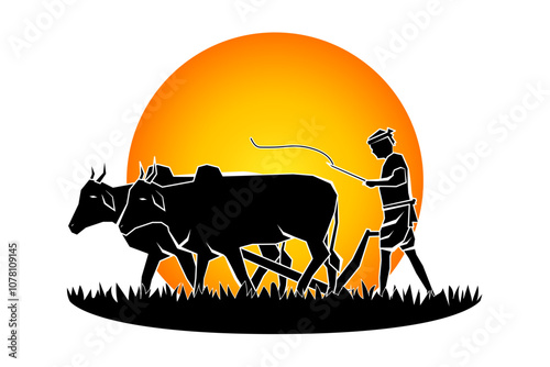 Vector illustration of farmer ploughing with bullocks on transparent background